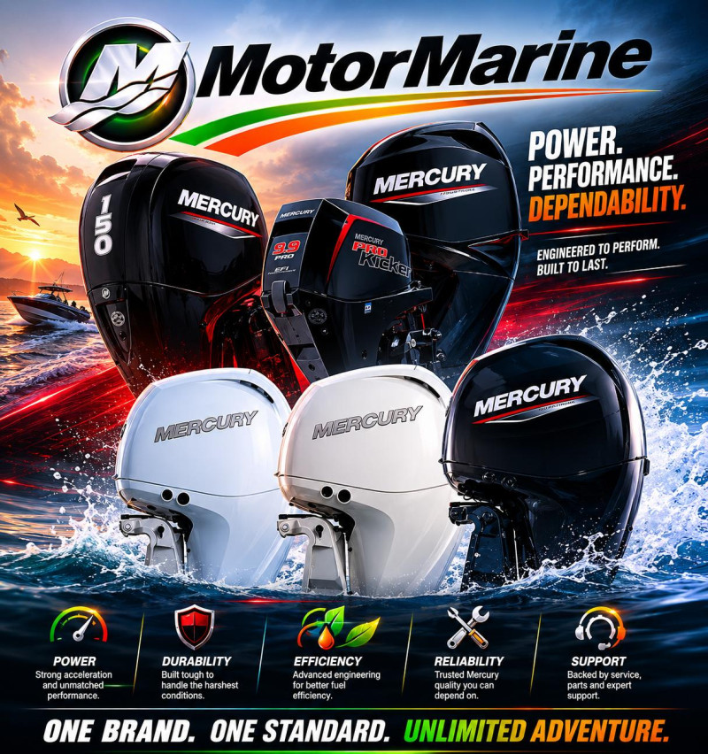 Power Pole boat sea fishing with Mercury Outboard engine from Motor Marine Services, County Donegal, Ireland