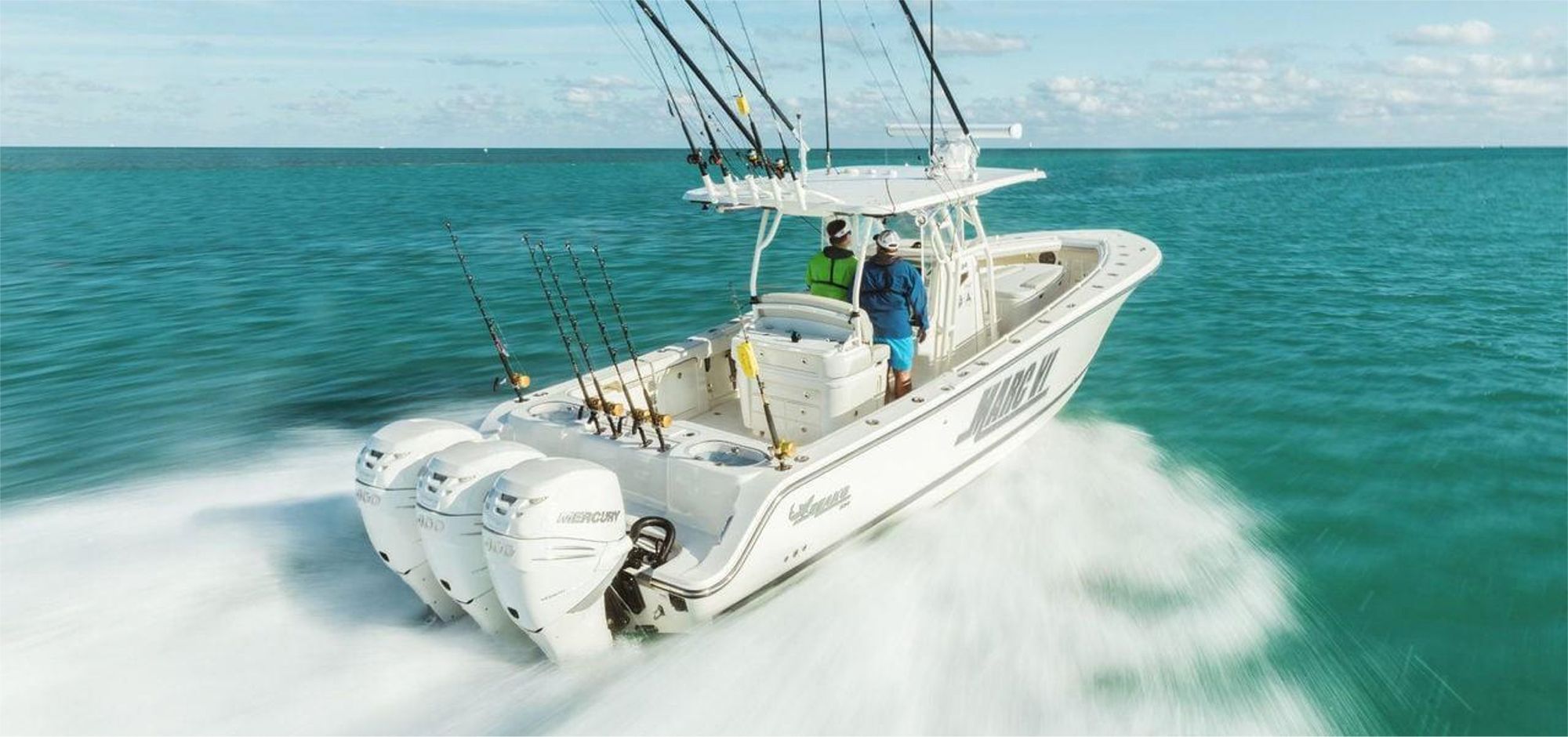 White Mercury Outboard Engines at sea - available from Motor Marine Services, County Donegal, Ireland